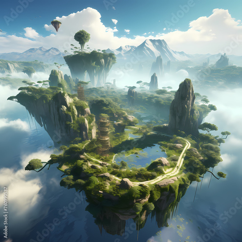 Fantasy landscape with floating islands. 