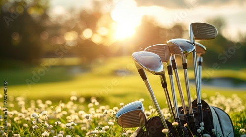 The Golden Hue of Summer Sunset Illuminating Golf Clubs Over a Verdant Field photo