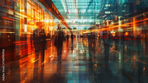 Dynamic Urban Life  Blurred Motion Of Busy Commuters  Vibrant Cityscape Reflections. Urban Hustle  Bustling Streets  City Lights  Energetic Atmosphere  Modern Lifestyle  Metropolitan Scene  Active