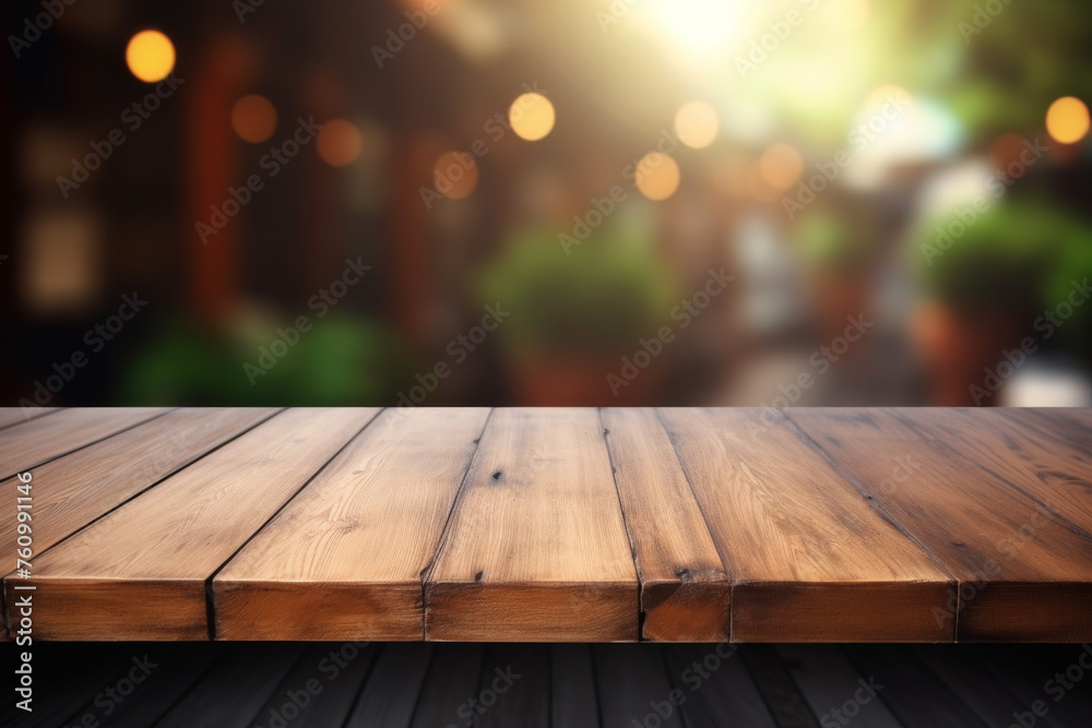 Cafe Ambiance: A Warm Wooden Table Set Against a Blurred Background of Bokeh Lights, Creating a Cozy Dining Atmosphere