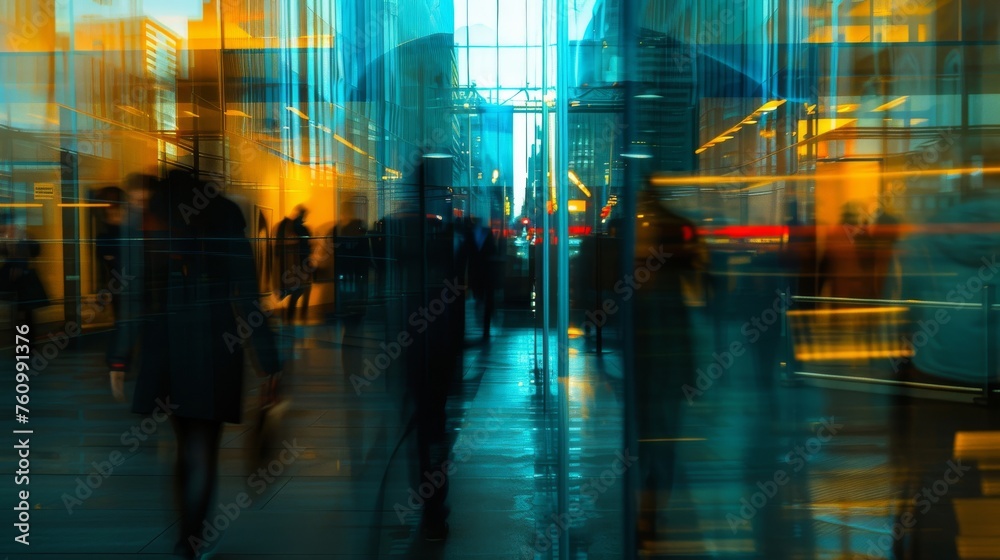 Dynamic Urban Life: Blurred Motion Of Busy Commuters, Vibrant Cityscape Reflections. Urban Hustle, Bustling Streets, City Lights, Energetic Atmosphere, Modern Lifestyle, Metropolitan Active Vibe
