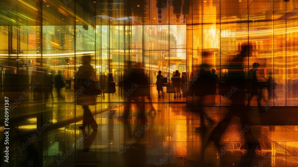 Dynamic Urban Life: Blurred Motion Of Busy Commuters, Vibrant Cityscape Reflections. Urban Hustle, Bustling Streets, City Lights, Energetic Atmosphere, Modern Lifestyle, Metropolitan Scene, Fast-Paced