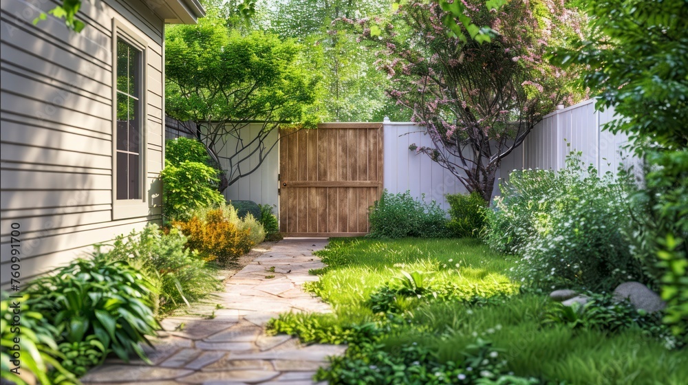 The Idyllic Blend of Green Plants and a Wooden Gate in the Side Yard of a Cozy Household