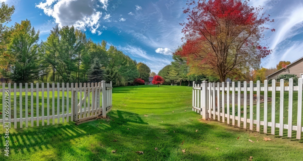 A Backyard Landscape with Wispy White Clouds, A Vibrant Green Lawn, and Colorful Trees by the Vinyl Fence A Backyard Landscape with Wispy White Clouds, A Vibrant Green Lawn, and Colorful Trees by the Vinyl Fence