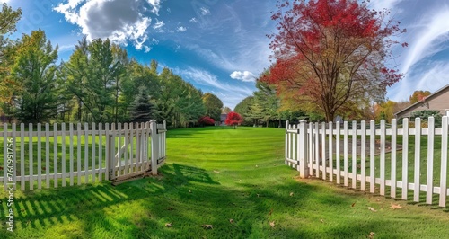 A Backyard Landscape with Wispy White Clouds, A Vibrant Green Lawn, and Colorful Trees by the Vinyl Fence