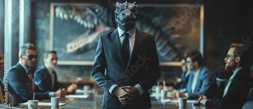Monster in a business suit leading a team meeting