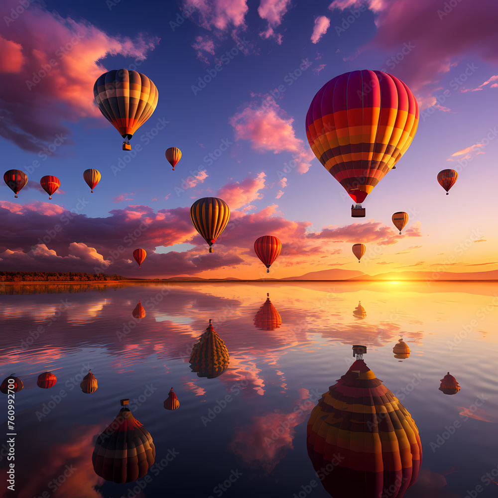Vibrant hot air balloons against a sunset sky.