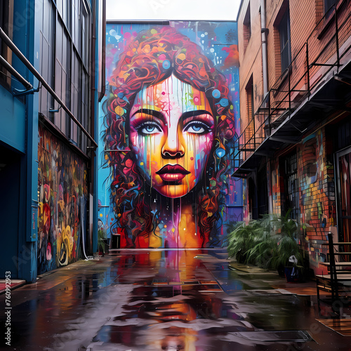 Vibrant street art in an urban alley. 