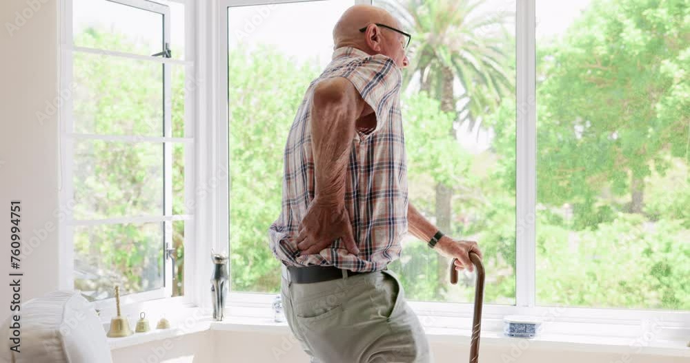 Video Stock Old man, back pain or support with cane in nursing home or ...