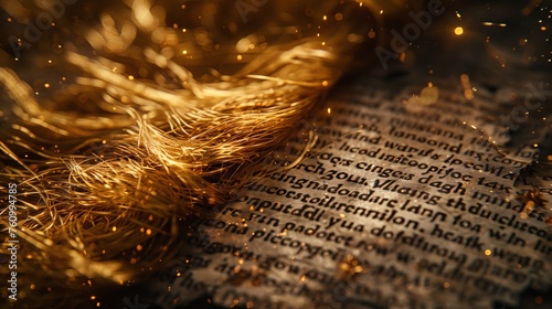 Glowing Threads of the Golden Fleece Over Text photo