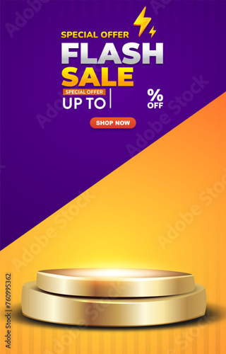 special offer flash sale discount template banner with blank space 3d podium for product sale with abstract gradient blue and orange background design8