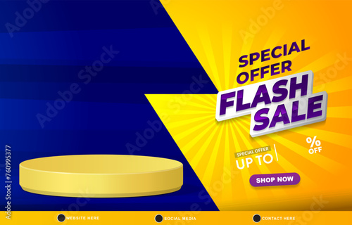 special offer flash sale discount template banner with blank space 3d podium for product sale with abstract gradient blue and yellow background design5
