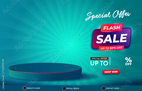 special offer flash sale discount template banner with blank space 3d podium for product sale with abstract gradient green and blue background design