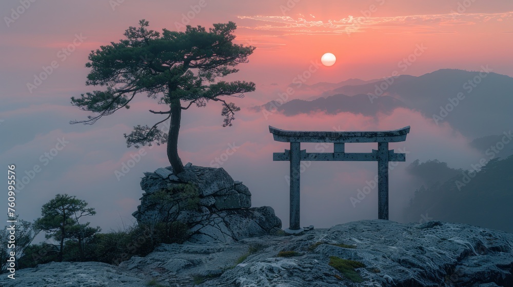 Mystical Sunrise Behind a Torii Gate at a Mountain Summit