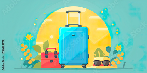 Travel illustration, aul and yellow suitcases, glasses and sun hat, background sun photo