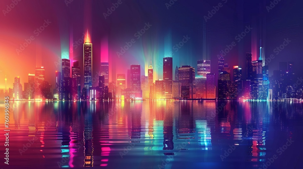 Neon city skyline at night with reflection in water, vibrant urban landscape, vector illustration