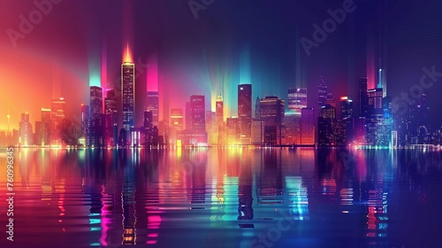 Neon city skyline at night with reflection in water  vibrant urban landscape  vector illustration