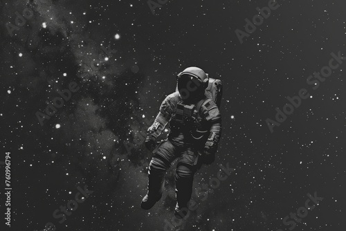 Minimalism of a spaceman adrift in the cosmos, black and white, dark theme