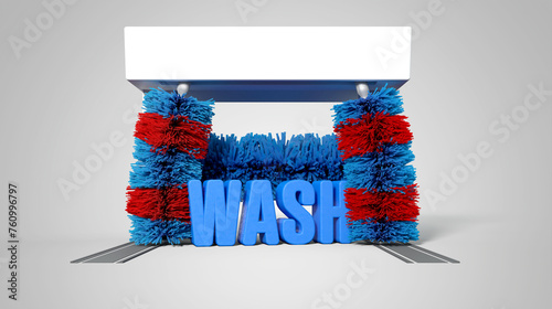 text Wash in the center of automatic car wash rollers - 3D rendering illustration photo