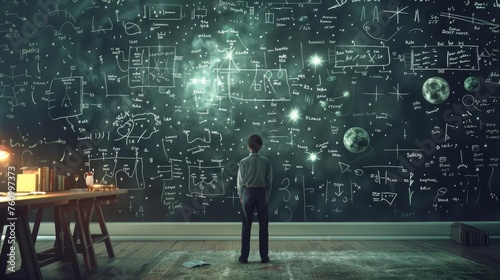 2D illustration of mathematician solving complex equations on chalkboard, concept of math and problem-solving photo