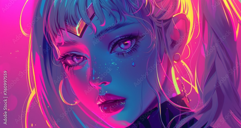 Neon Reverie - Vibrant Anime Girl Portrait