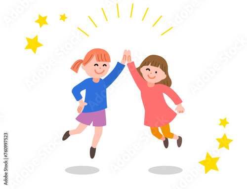イラスト素材: ハイタッチする子供たち 女の子2人