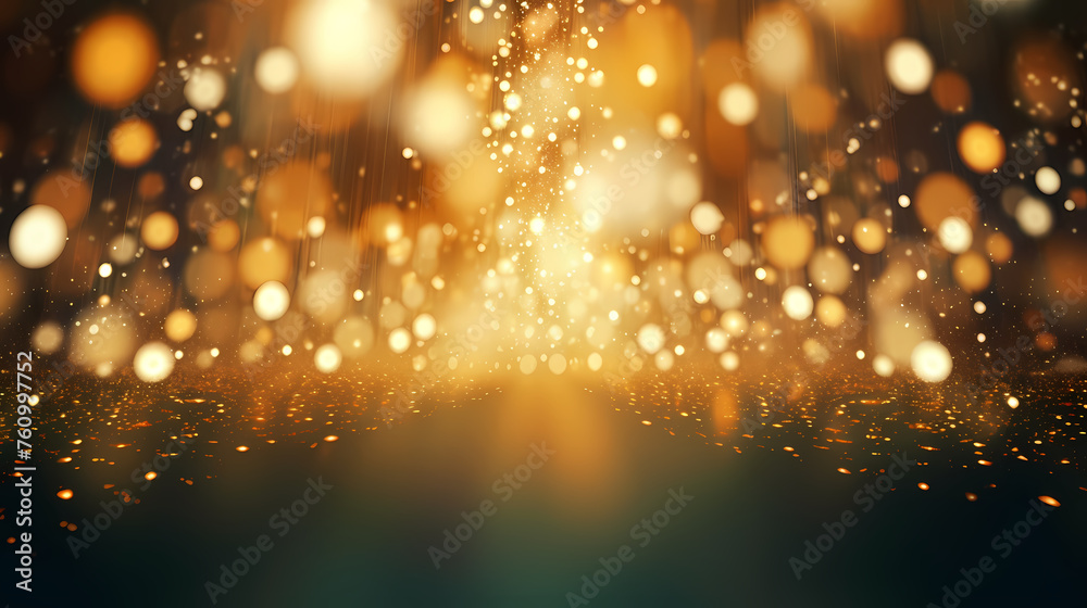 Abstract festive dark background with golden glitter and bokeh