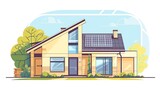 Eco-Friendly Modern House with Solar Panels and Heat Pump, Sustainable Living Illustration
