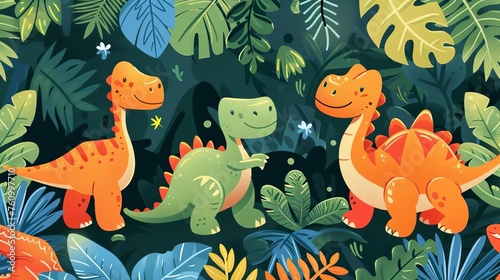 Colorful Dinosaurs Roaming a Lush Jungle, Seamless Pattern Design