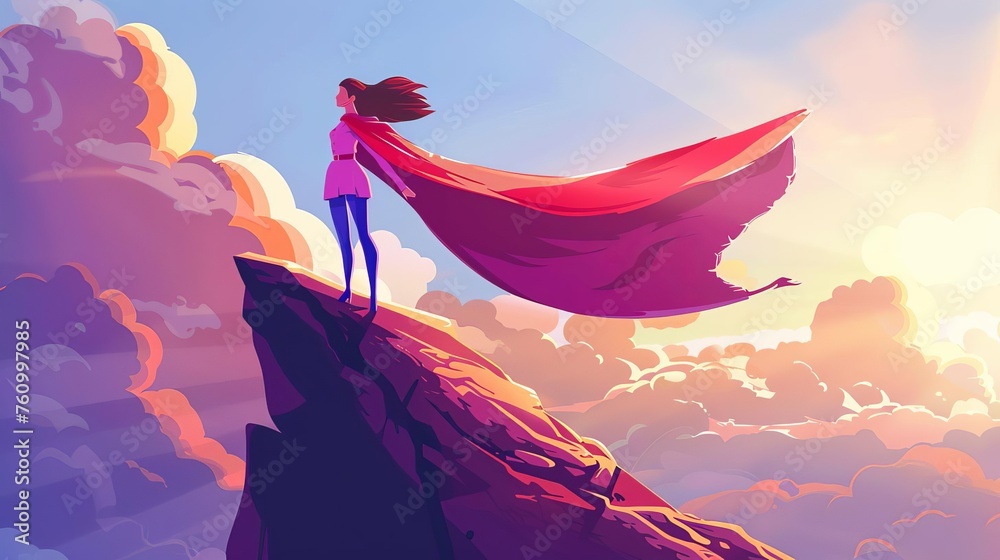 Fototapeta premium Heroic woman in cape standing on cliff, empowering illustration of strength and courage