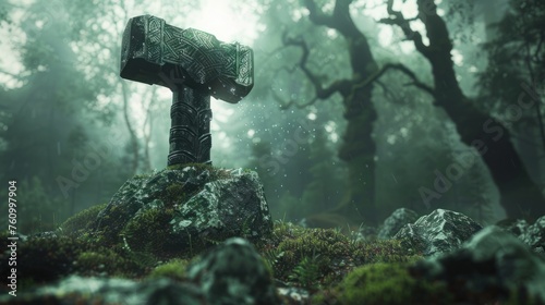 Thor's Hammer Mjölnir in a Rainy Forest - Norse Mythology Comes Alive