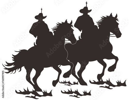 silhouette two cowboys riding horse on white background