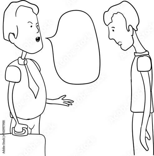The father educates or scolds his son. Another option could be this: the boss at work scolds an employee or subordinate.