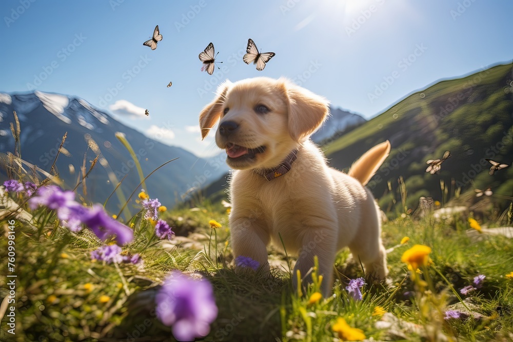 Puppy Retriever with two white doves flying in the background with a blue sky and beautiful, colorful flowers, the dog is standing up