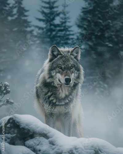 Timber Wolf in a Snowy Forest Glance © David