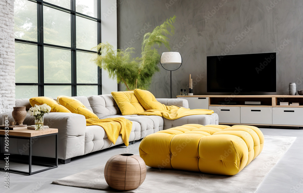 Loft interior design of modern living room, home. Tufted grey sofa with yellow pillows and plaid near tv unit and vibrant yellow pouf in room with concrete wall. - obrazy, fototapety, plakaty 