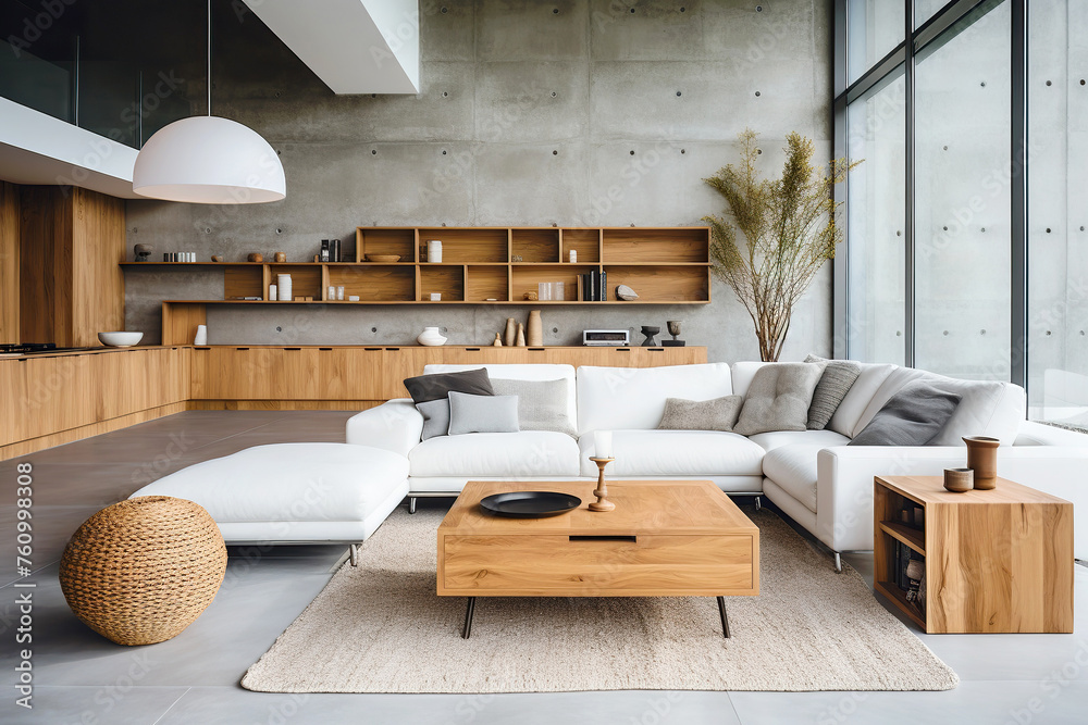 Loft interior design of modern living room, home. Studio apartment with white sofa against concrete wall. - obrazy, fototapety, plakaty 