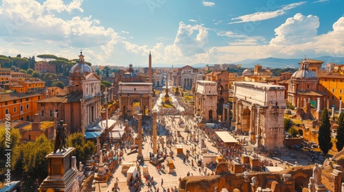 Aerial View of Roman Forum Crowded with Tourists in Italy photo
