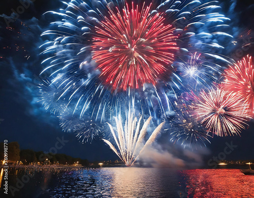 Feu d'artifice coloré, au dessus de la mer
 photo