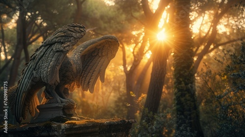 Majestic Eagle Statue in Sunlit Forest Clearing at Dawn
