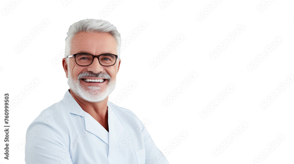 Portrait of a smiling senior male doctor/dentist wearing glasses, isolated on transparent background