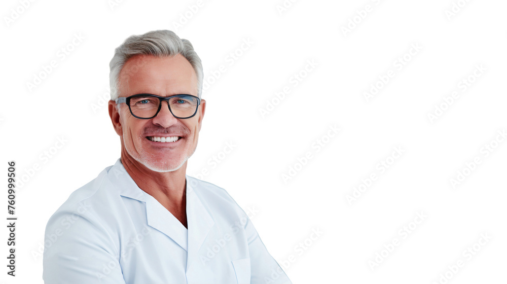 Portrait of a smiling senior male doctor/dentist wearing glasses, isolated on transparent background Portrait of a smiling senior male doctor/dentist wearing glasses, isolated on transparent background