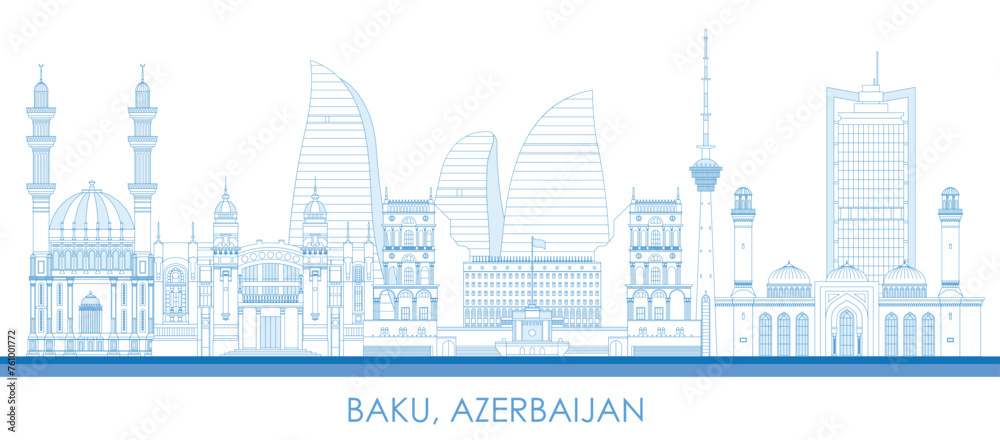 Outline Skyline panorama of town of Baku, Azerbaijan - vector illustration