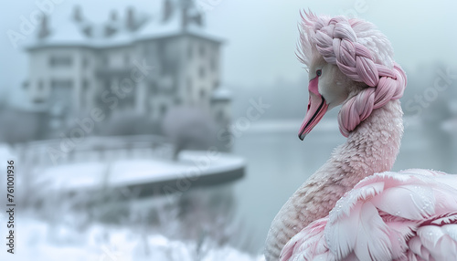 Łabędź fantasy patrzący w kierunku pałacu nad jeziorem zimą