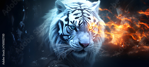 photograph of a white tiger adorned in celestial sun and moon  ai generative