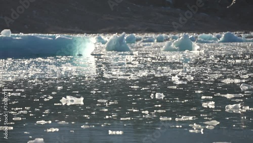 Pieces of Glacier Ice Flowing in Glacial Lake photo