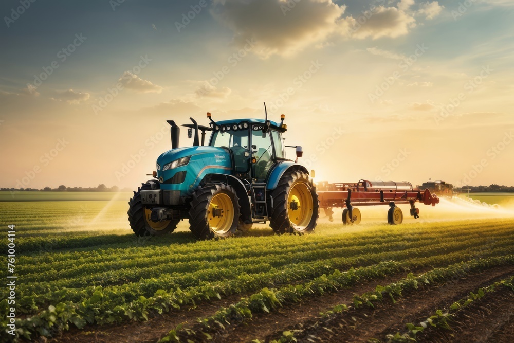 Tractor machine spraying pesticide fertilizer on soybean crop farmland. agriculture, farming and harvesting Tractor machine spraying pesticide fertilizer on soybean crop farmland. agriculture, farming and harvesting