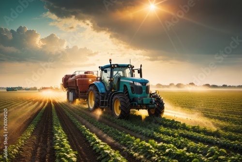 Tractor machine spraying pesticide fertilizer on soybean crop farmland. agriculture  farming and harvesting