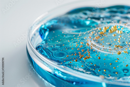 Close-up of a lab dish where cartilage cells are coaxed into growth with a special serum, the seruma??s shimmering gold contrasted with the cool blue of the cells, isolated on a white background