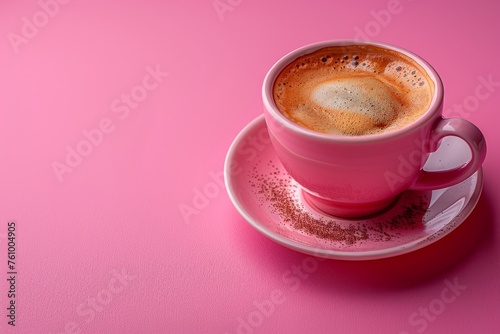 Cup of Coffee on Saucer on Pink Background. Generative AI